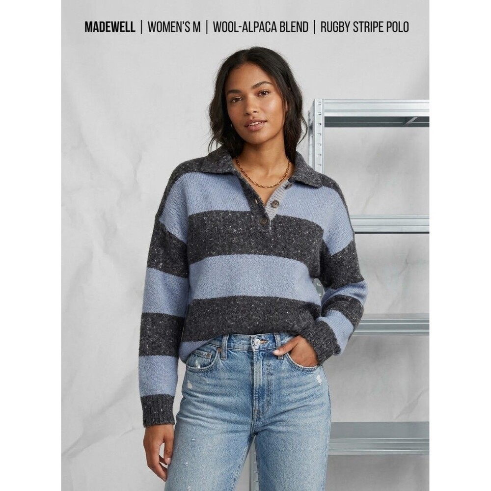 Madewell Womens M Rugby Stripe Polo Sweater Blue Gray Alpaca Wool Blend NM607